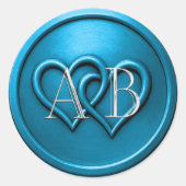 Sticker Rond Mariage Monogramme Argent Deux Cœurs Bleus (Devant)