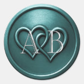 Sticker Rond Mariage Monogramme Argent Deux Cœurs Sarcelle (Devant)