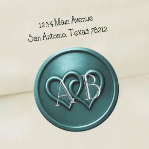 Sticker Rond Mariage Monogramme Argent Deux Cœurs Sarcelle