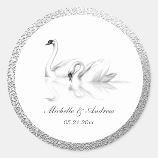 Sticker Rond mariage monogramme argent texturé cygne blanc (Devant)