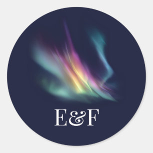 Sticker Rond Mariage Monogramme Aurore Boréale Lumières du Nord