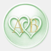 Sticker Rond Mariage Monogramme aux Deux Cœurs Entrelacés Vert (Devant)