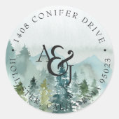 Sticker Rond Mariage Monogramme aux Pins Aquarelle Rustique (Devant)