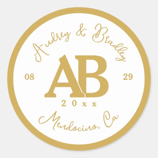 Sticker Rond Mariage Monogramme blanc et or 2 lettres (Devant)