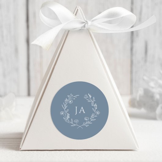 Sticker Rond Mariage Monogramme Bleu Poussiéreux