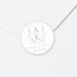 Sticker Rond Mariage Monogramme Bleu Poussiéreux Crête