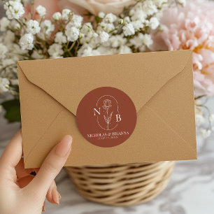 Sticker Rond Mariage Monogramme Boho Terracotta Orange Brûlé