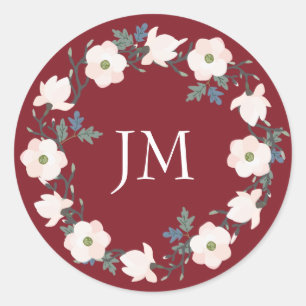 Sticker Rond Mariage Monogramme Bourgogne de couronne florale