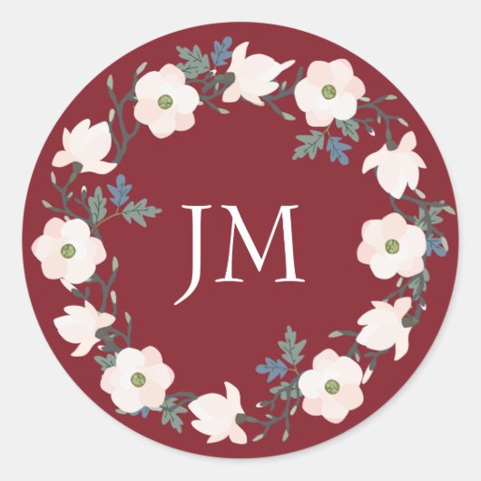 Sticker Rond Mariage Monogramme Bourgogne de couronne florale (Devant)