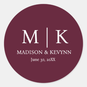 Sticker Rond Mariage Monogramme Bourgogne minimal et élégant