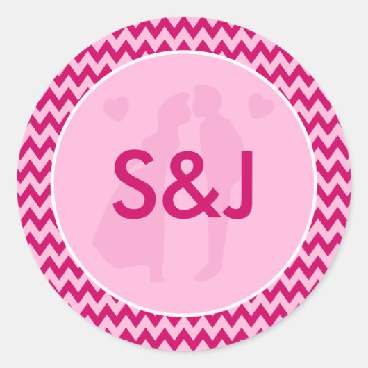 Sticker Rond Mariage Monogramme Chevron Rose Pâle Moderne (Devant)