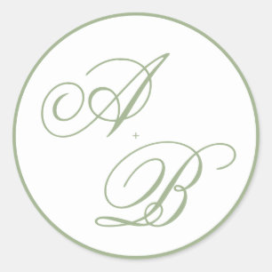 Sticker Rond Mariage Monogramme Classique à Bordure Vert Sauge