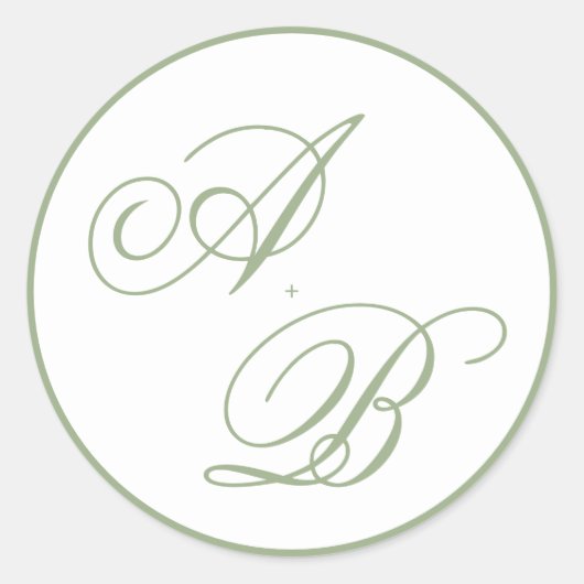 Sticker Rond Mariage Monogramme Classique à Bordure Vert Sauge (Devant)
