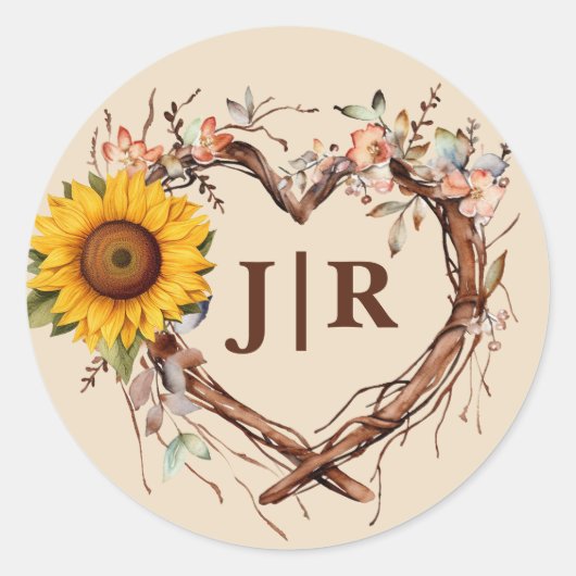 Sticker Rond Mariage Monogramme Coeur de Tournesol Rustique  (Devant)