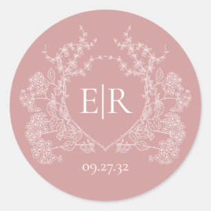 Sticker Rond Mariage Monogramme Crête Florale Rose Poussiéreuse