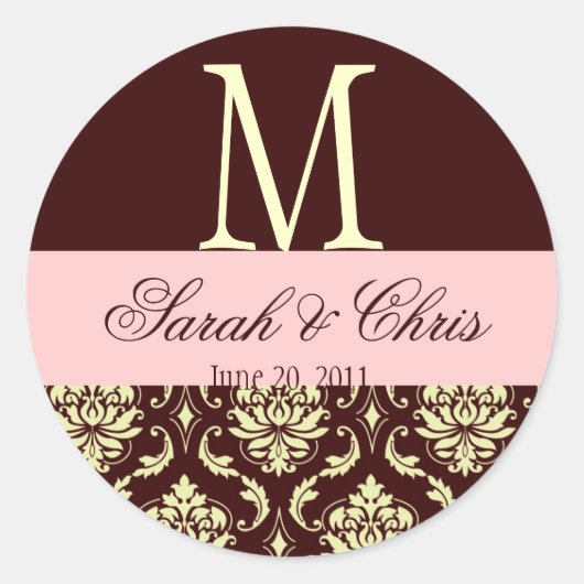 Sticker Rond Mariage Monogramme Damask Sceau d'ivoire rose Brow (Devant)