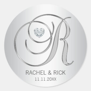 Sticker Rond Mariage monogramme d'argent élégant personnalisé