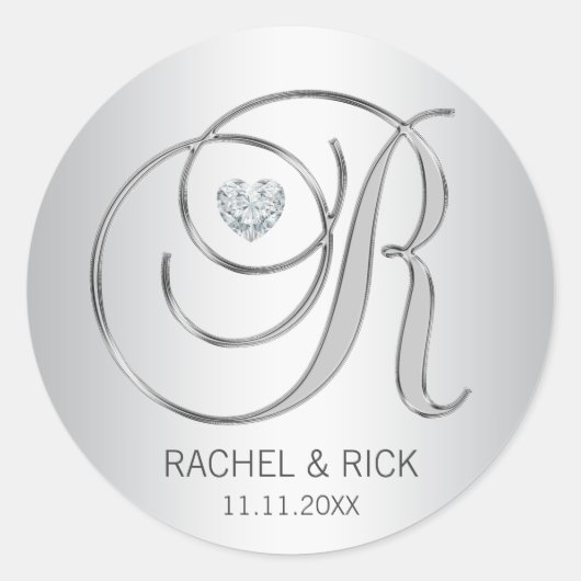 Sticker Rond Mariage monogramme d'argent élégant personnalisé (Devant)