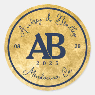 Sticker Rond Mariage Monogramme de 2 lettres Gold Navy