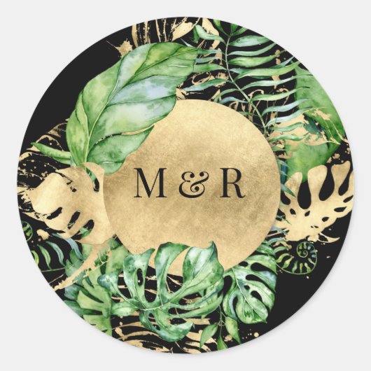Sticker Rond mariage monogramme de feuillage tropical doré (Devant)