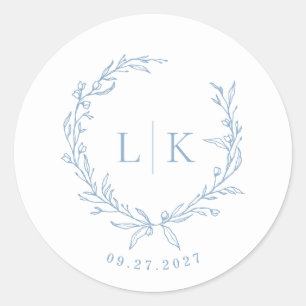 Sticker Rond Mariage Monogramme de Feuille Bleu Poussiéreux