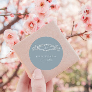 Sticker Rond Mariage monogramme de la crête botanique bleu Dust