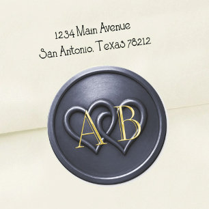 Sticker Rond Mariage Monogramme Deux Cœurs Entrelacés Bleu Mari