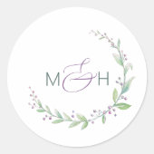 Sticker Rond Mariage monogramme du feuillage vert mauve (Devant)