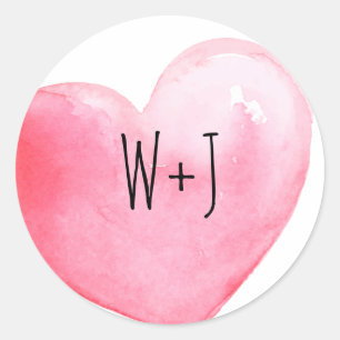 Sticker Rond Mariage Monogramme en Cœur Aquarelle Rose