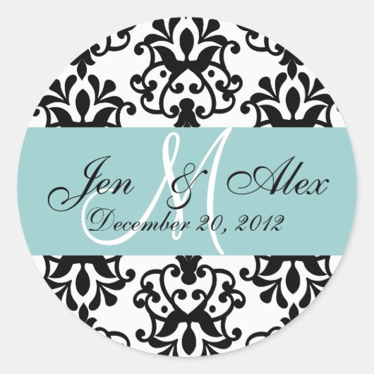 Sticker Rond Mariage Monogramme Enregistrer Date Damask Blue Se (Devant)