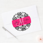 Sticker Rond Mariage Monogramme Enregistrer Date Damask Fuchsia (Enveloppe)