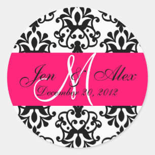 Sticker Rond Mariage Monogramme Enregistrer Date Damask Fuchsia