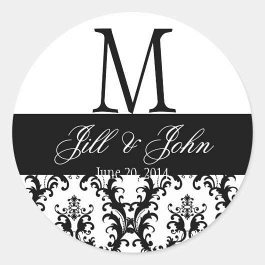 Sticker Rond Mariage Monogramme Enregistrer Date Damask noir et (Devant)
