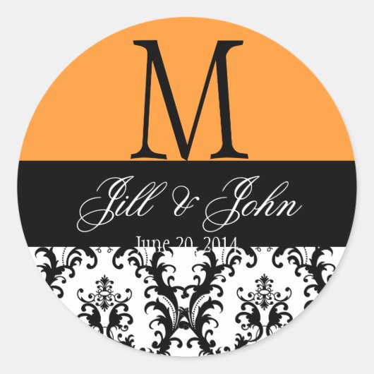 Sticker Rond Mariage Monogramme Enregistrer Date Damask Orange  (Devant)