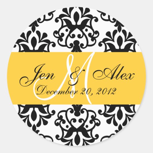 Sticker Rond Mariage Monogramme Enregistrer Date Jaune Damas Sc (Devant)