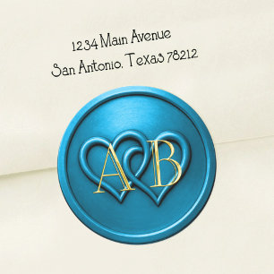 Sticker Rond Mariage Monogramme Entrelacé de Deux Cœurs Bleus