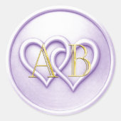 Sticker Rond Mariage Monogramme Entrelacé de Deux Cœurs Lavande (Devant)