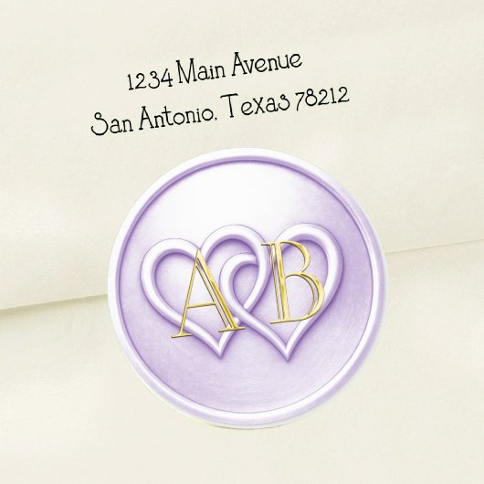 Sticker Rond Mariage Monogramme Entrelacé de Deux Cœurs Lavande