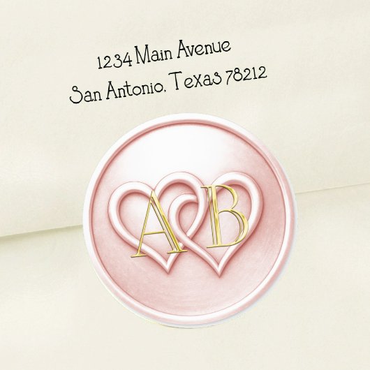 Sticker Rond Mariage Monogramme Entrelacé de Deux Coeurs Rose