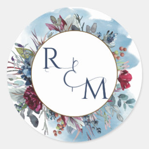 Sticker Rond Mariage Monogramme Enveloppe Sceau Bleu Bourgogne