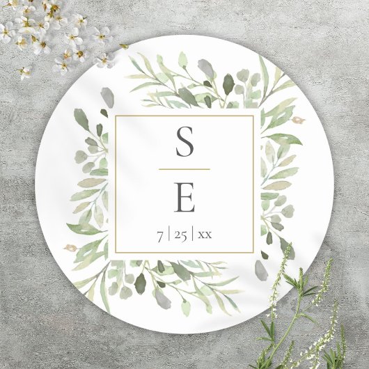 Sticker Rond Mariage Monogramme Feuillage Or