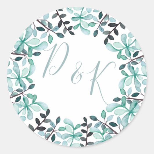 Sticker Rond Mariage Monogramme Feuille Aquarelle (Devant)