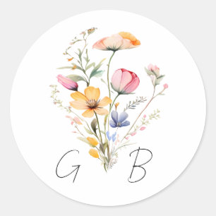 Sticker Rond Mariage Monogramme Fleur Sauvage Aquarelle