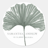 Sticker Rond Mariage Monogramme Ginkgo Vert moderne (Devant)