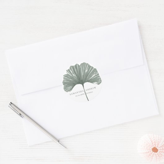 Sticker Rond Mariage Monogramme Ginkgo Vert moderne (Enveloppe)
