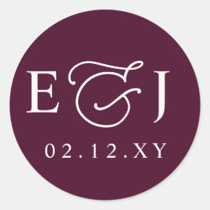 Sticker Rond Mariage Monogramme Initiales Moderne Bourgogne