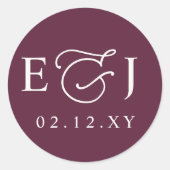 Sticker Rond Mariage Monogramme Initiales Moderne Prune (Devant)