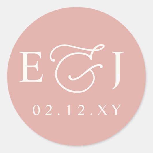 Sticker Rond Mariage Monogramme Initiales Moderne Rose Pâle (Devant)