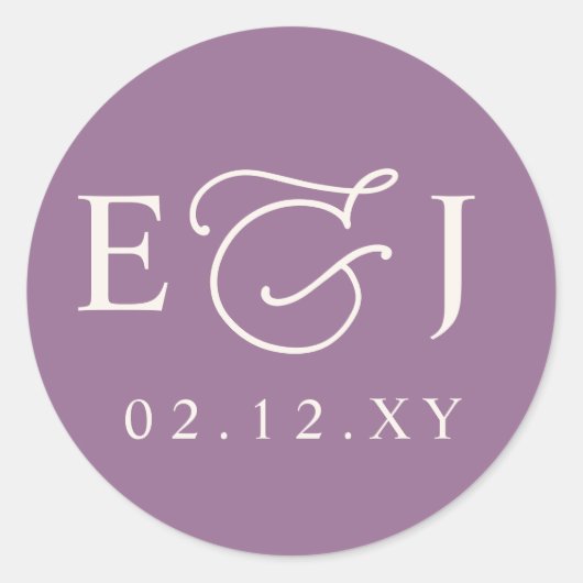 Sticker Rond Mariage Monogramme Initiales Moderne Violet (Devant)