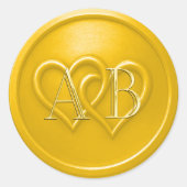 Sticker Rond Mariage Monogramme Jaune à Deux Cœurs Entrelacés (Devant)